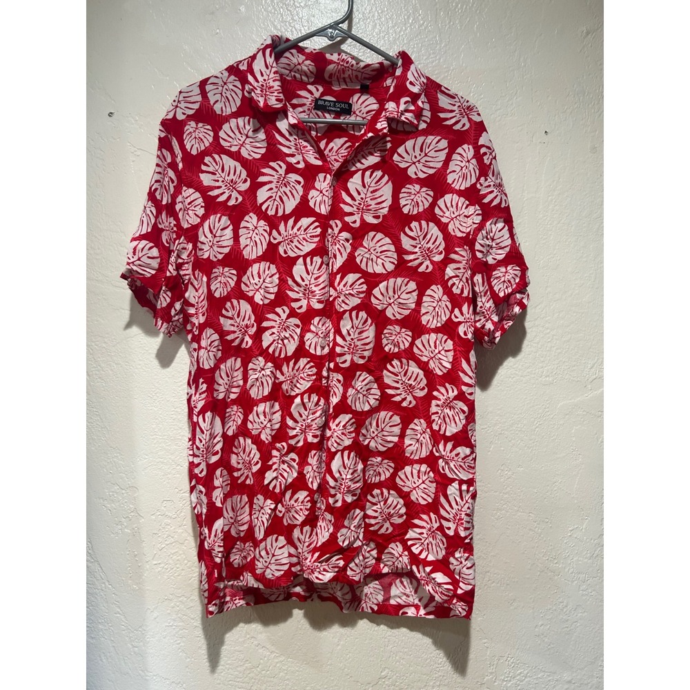 Brave Soul Mens Red White‎ Monstera Leaf Tropical Hawaiian Viscose Shirt Large